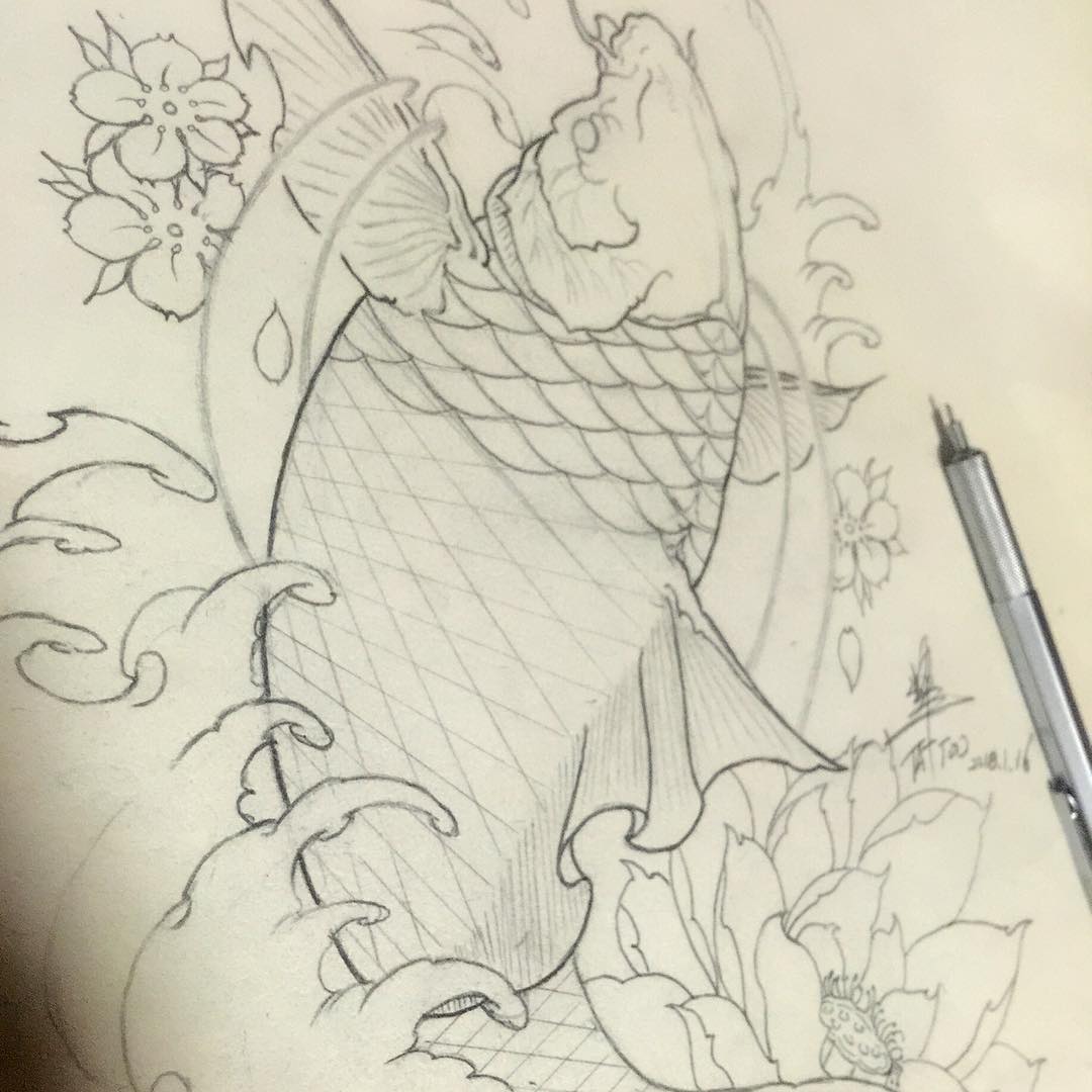 红先生传统鲤鱼纹身手稿