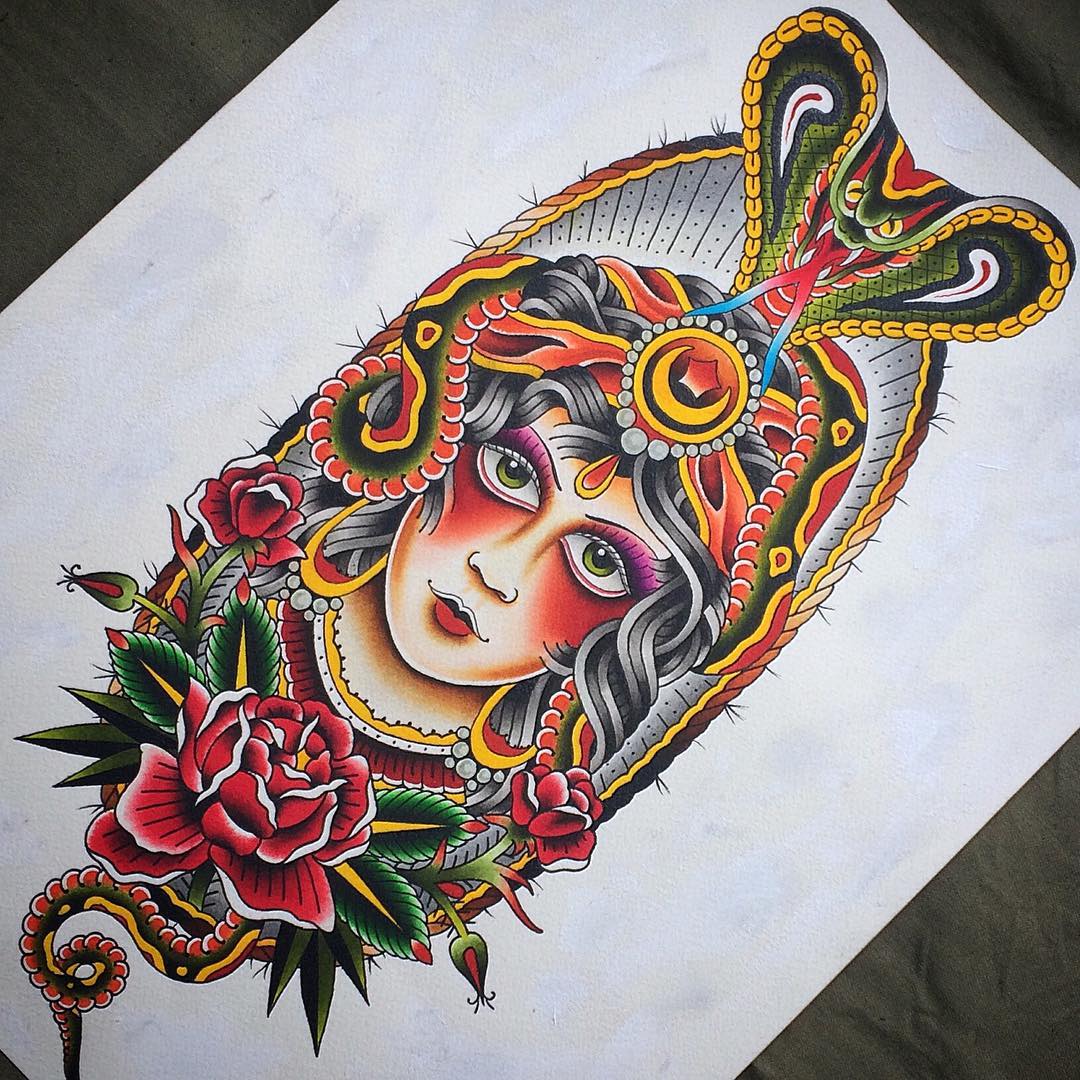 oldschool美女蛇玫瑰纹身手稿